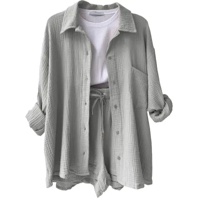Women Fashion Wrinkled Lape Long-Sleeved Shirt And Drawstring Shorts Two-Piece Set