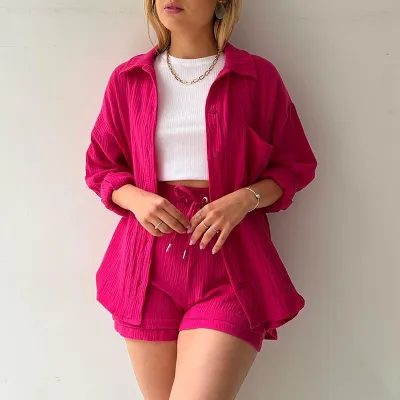 Women Fashion Wrinkled Lape Long-Sleeved Shirt And Drawstring Shorts Two-Piece Set