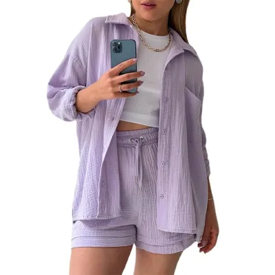 Women Fashion Wrinkled Lape Long-Sleeved Shirt And Drawstring Shorts Two-Piece Set
