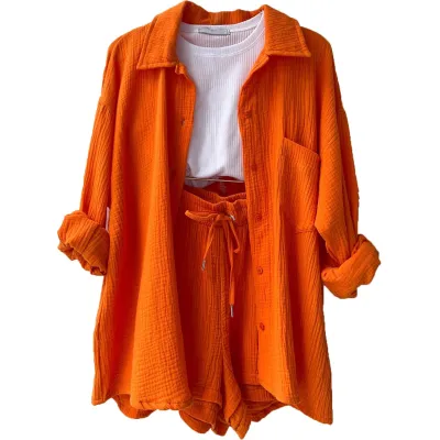 Women Fashion Wrinkled Lape Long-Sleeved Shirt And Drawstring Shorts Two-Piece Set