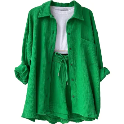 Women Fashion Wrinkled Lape Long-Sleeved Shirt And Drawstring Shorts Two-Piece Set