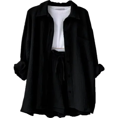 Women Fashion Wrinkled Lape Long-Sleeved Shirt And Drawstring Shorts Two-Piece Set