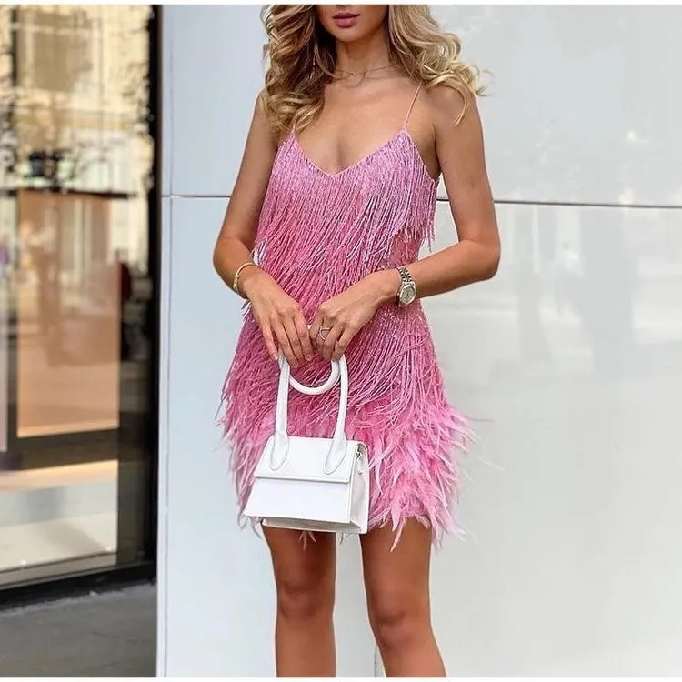 Women Vintage Tassel Sequins Feather Stitching V-Neck Sleeveless High Waist A-Line Midi Dress for Party Festivals