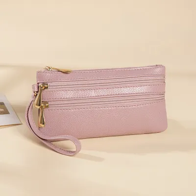 Simple Solid Color PU Zipper Envelope Wallet Medium Size