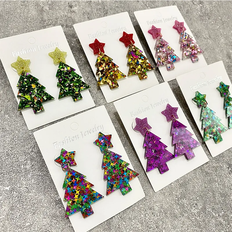 Women Fashion Cartoon Christmas Tree Flash Acrylic Earrings Party Christmas