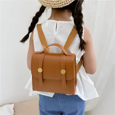 Kids Girls Fashion Casual Retro Solid Color Square Magnetic Button Backpacks Bags