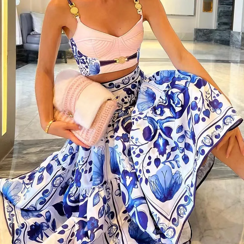 Women Fashion Printed Strap Top And Swing Skirt Two-Piece Set