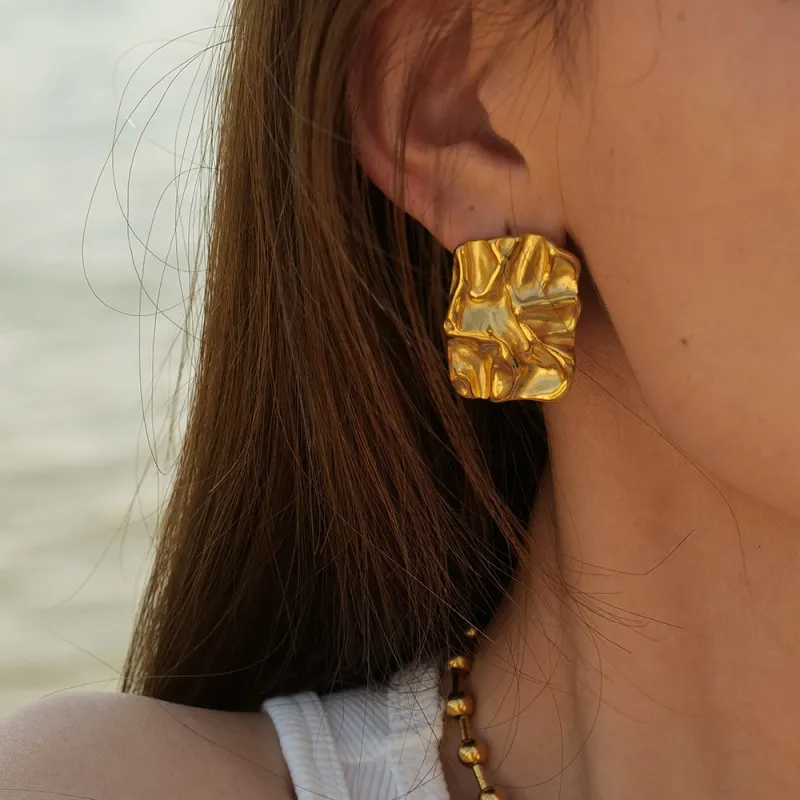Women Fashion Irregular Geometric Stainless Steel Pleated Earrings