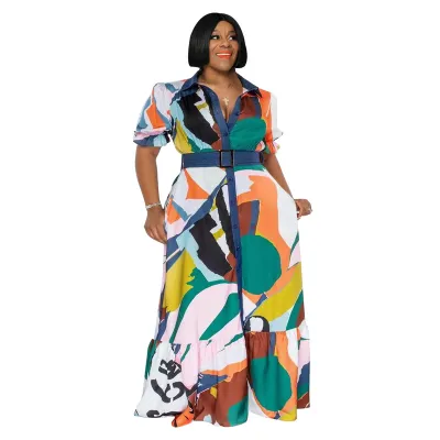 Summer Women Fashionable Plus Size Multicolor Print Loose Maxi Dress With Belt