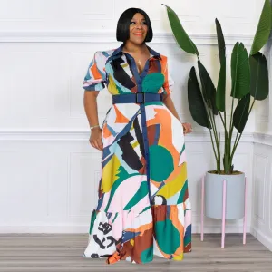 Summer Women Fashionable Plus Size Multicolor Print Loose Maxi Dress With Belt