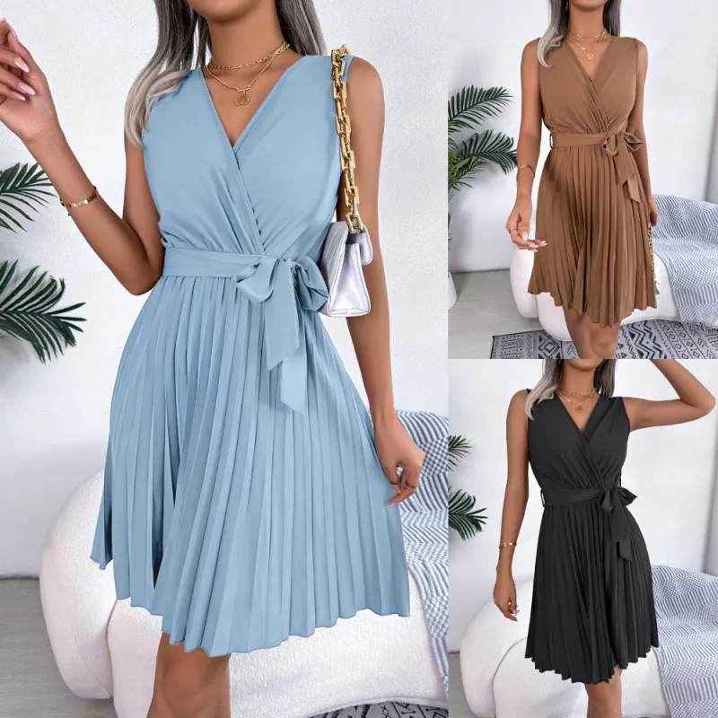 Women Fashion Crossover V-Neck Pleated Defined Waist Dress