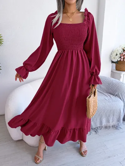 Women Casual Square Collar Ruffled Maxi Dress
