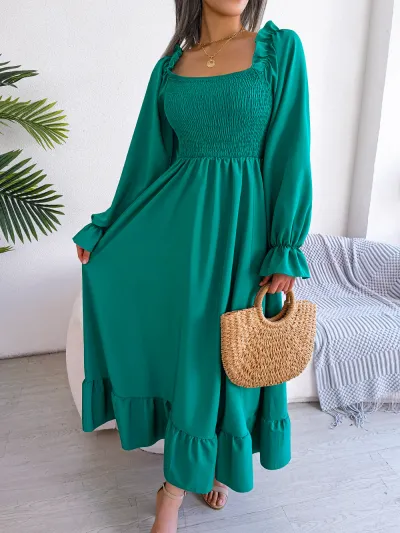 Women Casual Square Collar Ruffled Maxi Dress