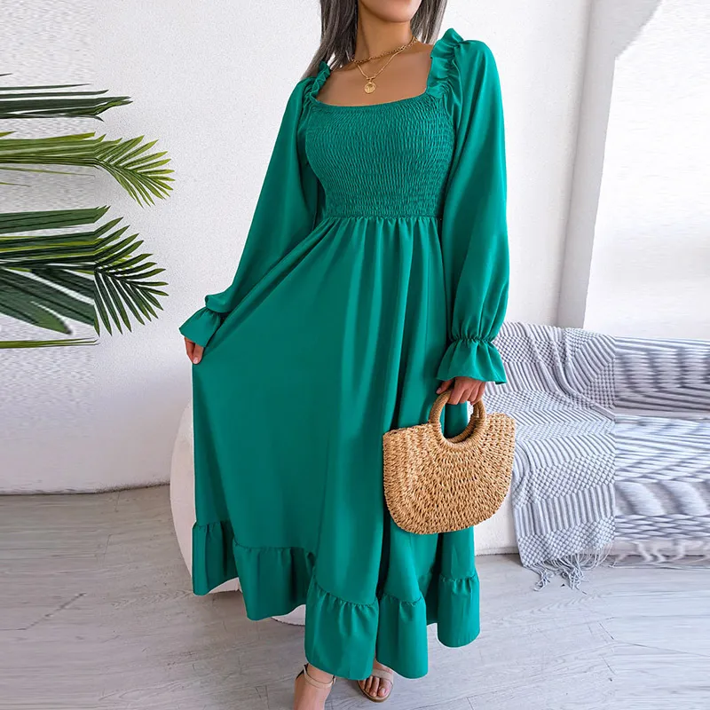 Women Casual Square Collar Ruffled Maxi Dress