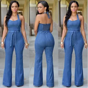 Women Sexy Fashion Halter Neck Backless Denim Jumpsuit