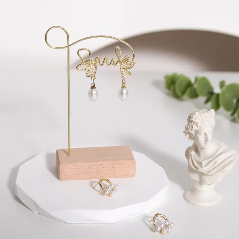 Creative Nordic Solid Wood Earring Display Stand with Metal Accent