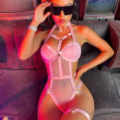Women Fashion Metal Chain With Sexy Lace One-Piece Bodysuit Lingerie