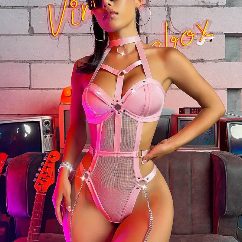 Women Fashion Metal Chain With Sexy Lace One-Piece Bodysuit Lingerie