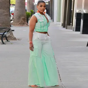 Women Fashion Gradient Multi-Pocket Two-Piece Pants Set
