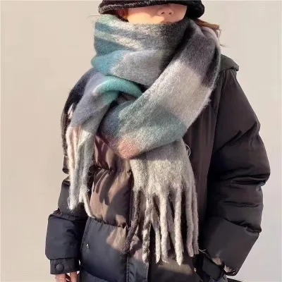 Women's Winter Fashion Multicolor Plaid Tassel Imitation Cashmere Extra Long Warm Scarf