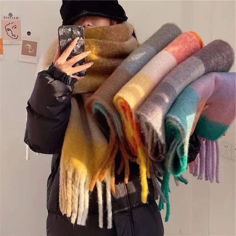 Women's Winter Fashion Multicolor Plaid Tassel Imitation Cashmere Extra Long Warm Scarf