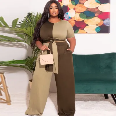 Women Plus Size Patchwork Color Block Top Pants Two-Piece Set