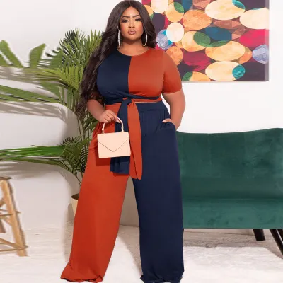Women Plus Size Patchwork Color Block Top Pants Two-Piece Set