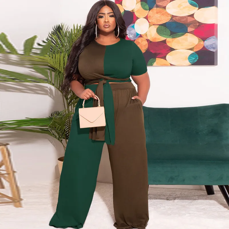 Women Plus Size Patchwork Color Block Top Pants Two-Piece Set