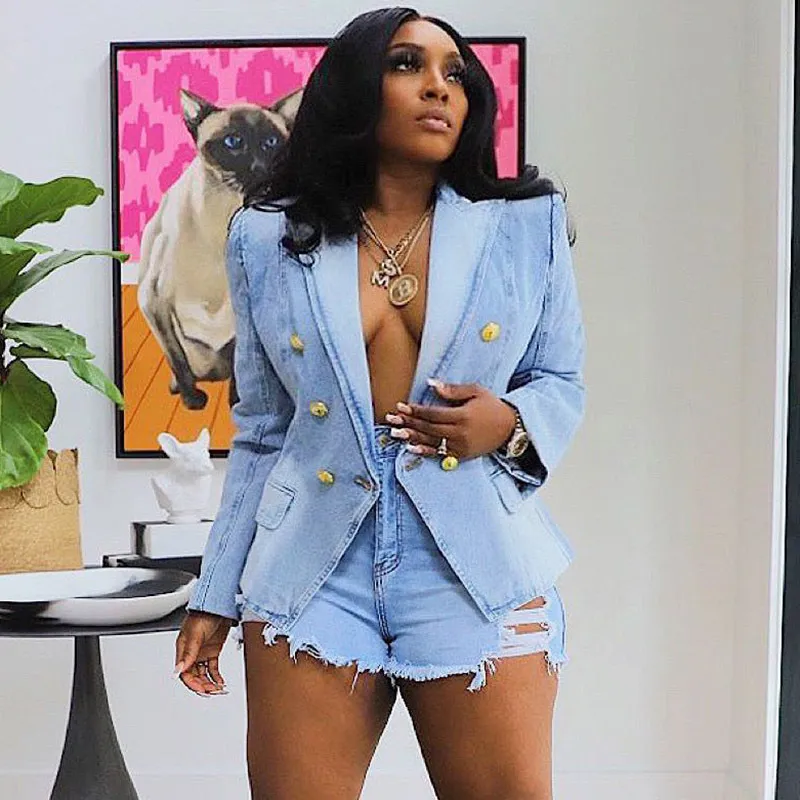 Women's Double-Breasted Denim Jacket Casual Slim Fit