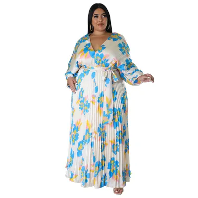Women Plus Size V-Neck Floral Print Pleated Maxi Dress