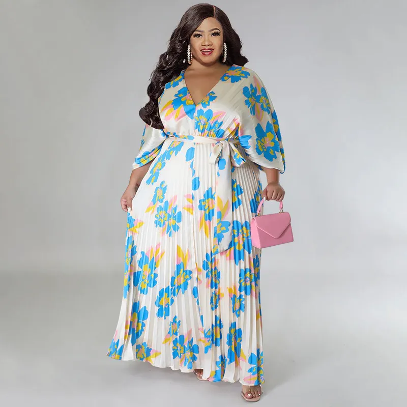 Women Plus Size V-Neck Floral Print Pleated Maxi Dress