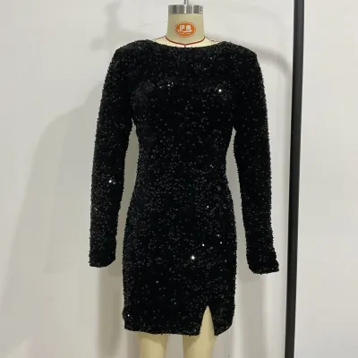 Women Fashion Sexy Backless Sequin Long Sleeve Party Dress