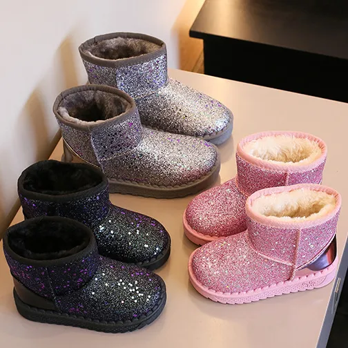 Kids Girls Sequins Round-Toe Flats Slip-on Platform Snow Ankle Boots