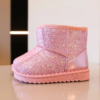 Kids Girls Sequins Round-Toe Flats Slip-on Platform Snow Ankle Boots