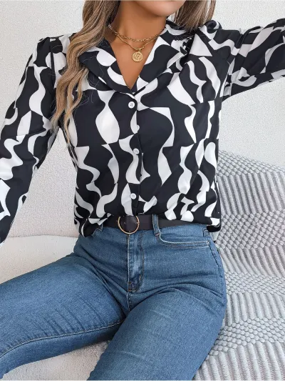 Women Casual Office Blouse with Color Block Stripe Pattern and Long Sleeves