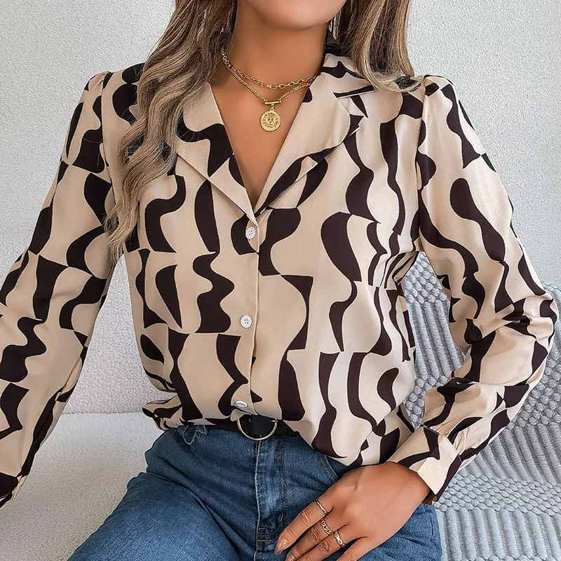 Women Casual Office Blouse with Color Block Stripe Pattern and Long Sleeves