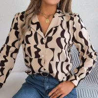 Women Fashion Casual Office Color Block Stripe Long Sleeve Blouse