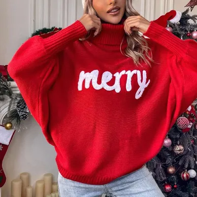 Christmas Autumn Winter Women Loose High Neck Letter Embroidered Batwing Sleeve Knitted Pullover