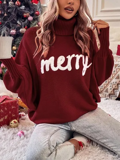 Christmas Autumn Winter Women Loose High Neck Letter Embroidered Batwing Sleeve Knitted Pullover