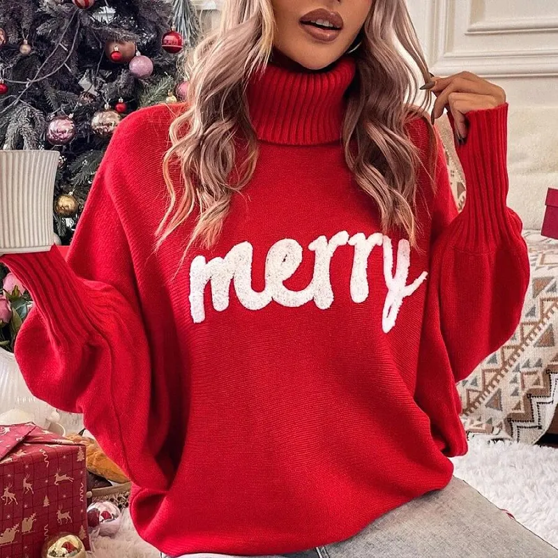 Christmas Autumn Winter Women Loose High Neck Letter Embroidered Batwing Sleeve Knitted Pullover