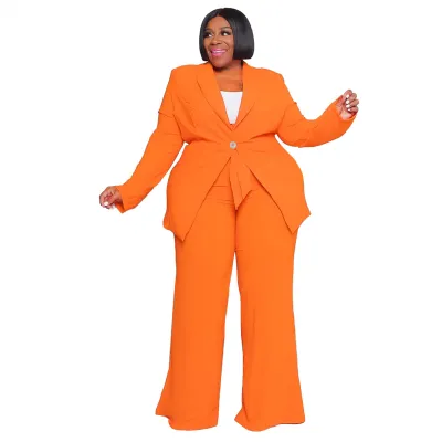 Women Plus Size Long-Sleeved Lace-Up Top Pants Set Solid Color Blazer Sets