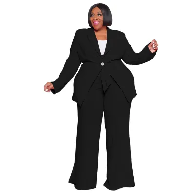Women Plus Size Long-Sleeved Lace-Up Top Pants Set Solid Color Blazer Sets