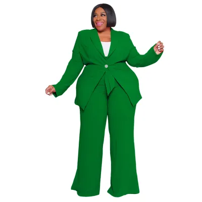 Women Plus Size Long-Sleeved Lace-Up Top Pants Set Solid Color Blazer Sets