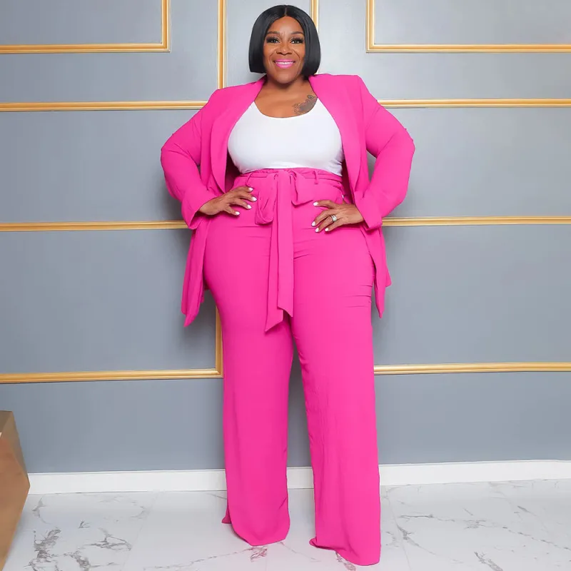 Women Plus Size Long-Sleeved Lace-Up Top Pants Set Solid Color Blazer Sets