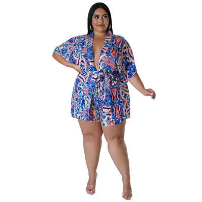 Women Plus Size Fashionable Multicolor Print Lace-Up Top Shorts Two-Piece Set