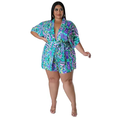 Women Plus Size Fashionable Multicolor Print Lace-Up Top Shorts Two-Piece Set