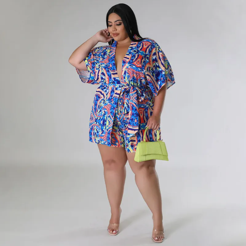 Women Plus Size Fashionable Multicolor Print Lace-Up Top Shorts Two-Piece Set