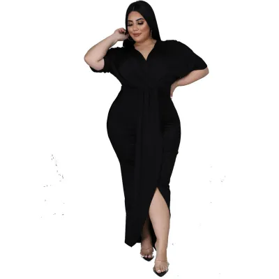Women Fashion Elegant Solid Color V-Neck Irregular Plus Size Dress