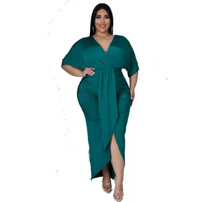 Women Fashion Elegant Solid Color V-Neck Irregular Plus Size Dress