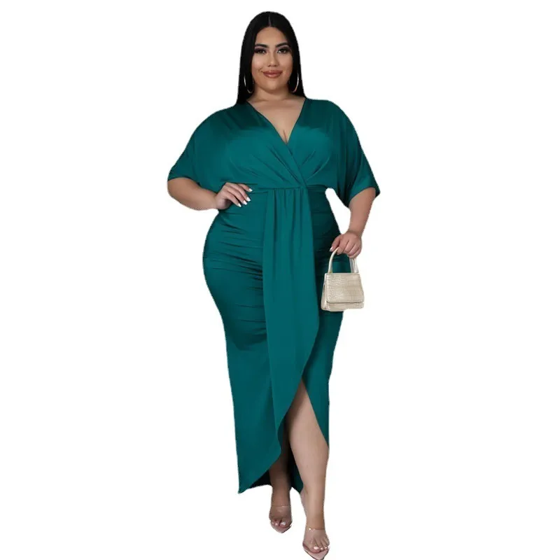 Women Fashion Elegant Solid Color V-Neck Irregular Plus Size Dress